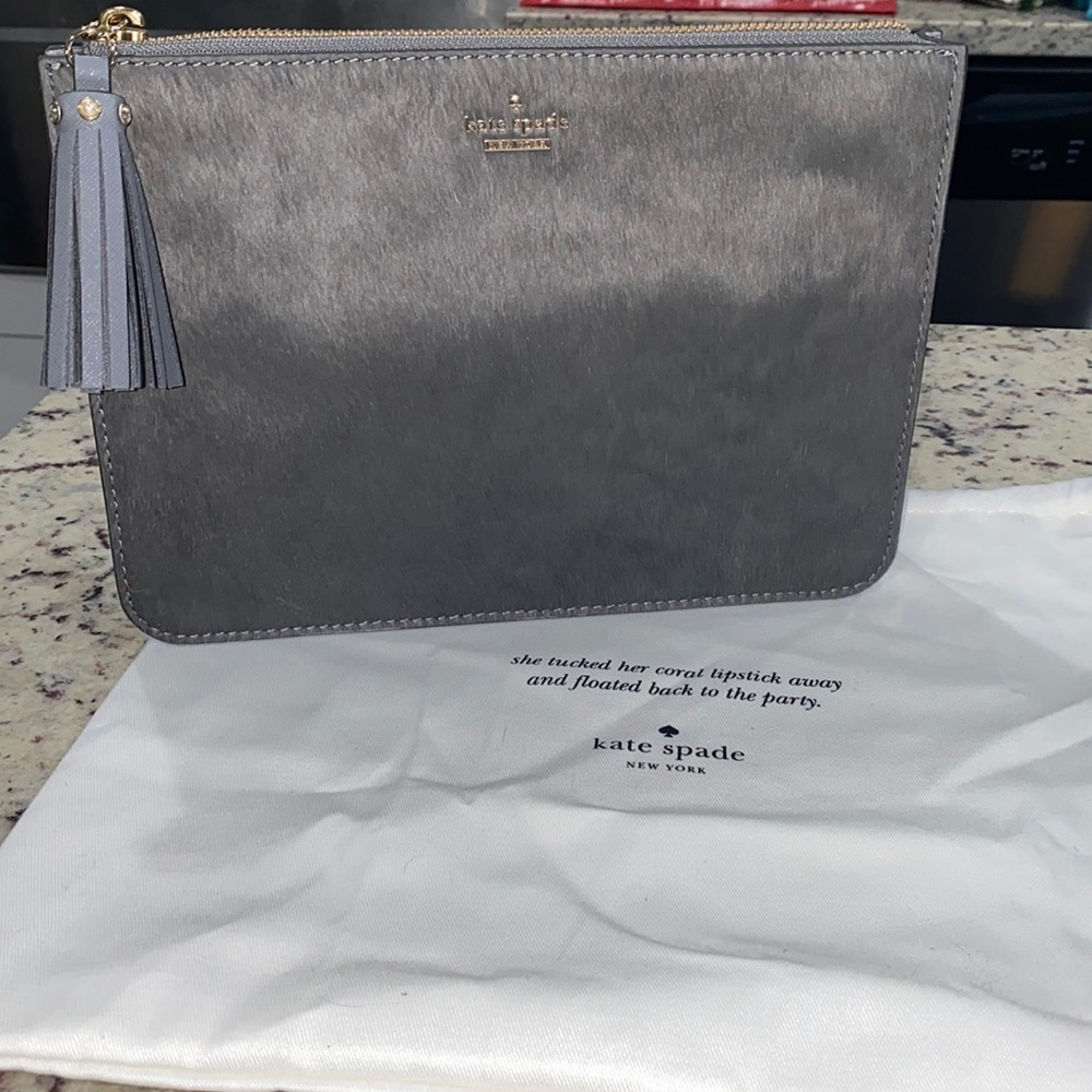 Authentic Kate Spade Shayna Laurel Way haircalf and suede grey clutch